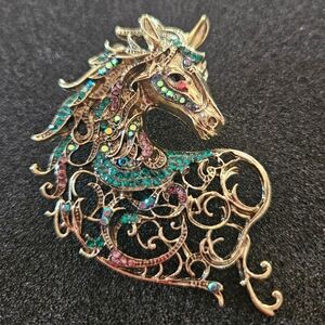 Elegant Gold and Teal Horse Brooch